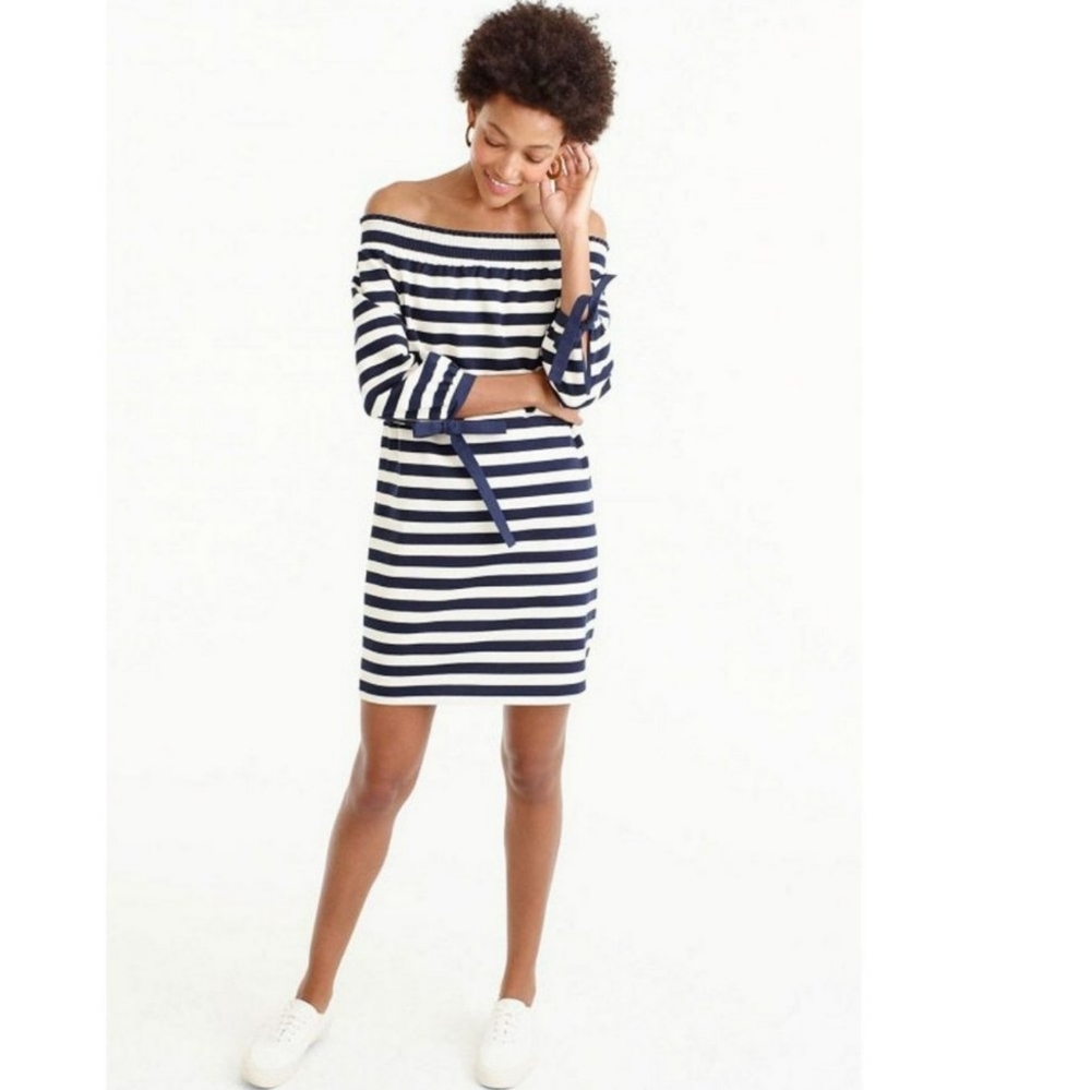 J. Crew Off the Shoulder Navy White Striped Dress